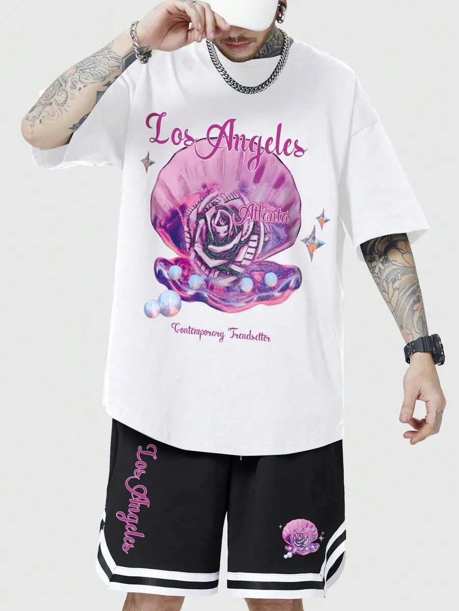 12083 2c-282 Conjunto De Camiseta Y Pantalones Cortos Con Estampado De Letras Seashell Para Hombre