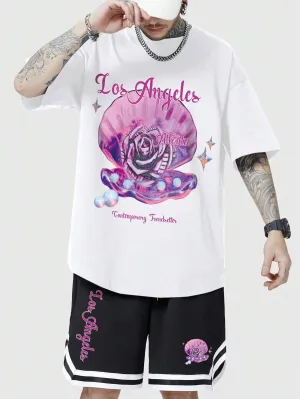 12083 2c-282 Conjunto De Camiseta Y Pantalones Cortos Con Estampado De Letras Seashell Para Hombre