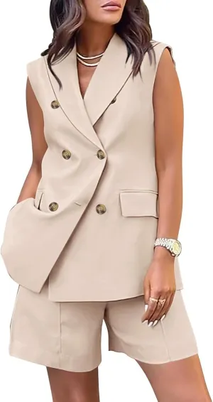2 Piece Sets for Women Summer Business Casual Outfits Sleeveless Vest Blazer and Shorts 2024 Dressy Pants Suits