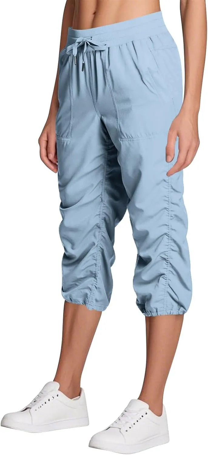 ADHOWBEW Capri Pants for Women Stretch Active Summer Drawstring Casual Hiking Outdoor Baggy Lightweight Joggers with Pockets