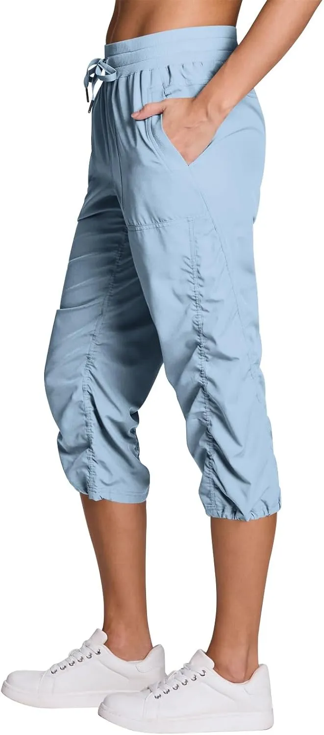 ADHOWBEW Capri Pants for Women Stretch Active Summer Drawstring Casual Hiking Outdoor Baggy Lightweight Joggers with Pockets