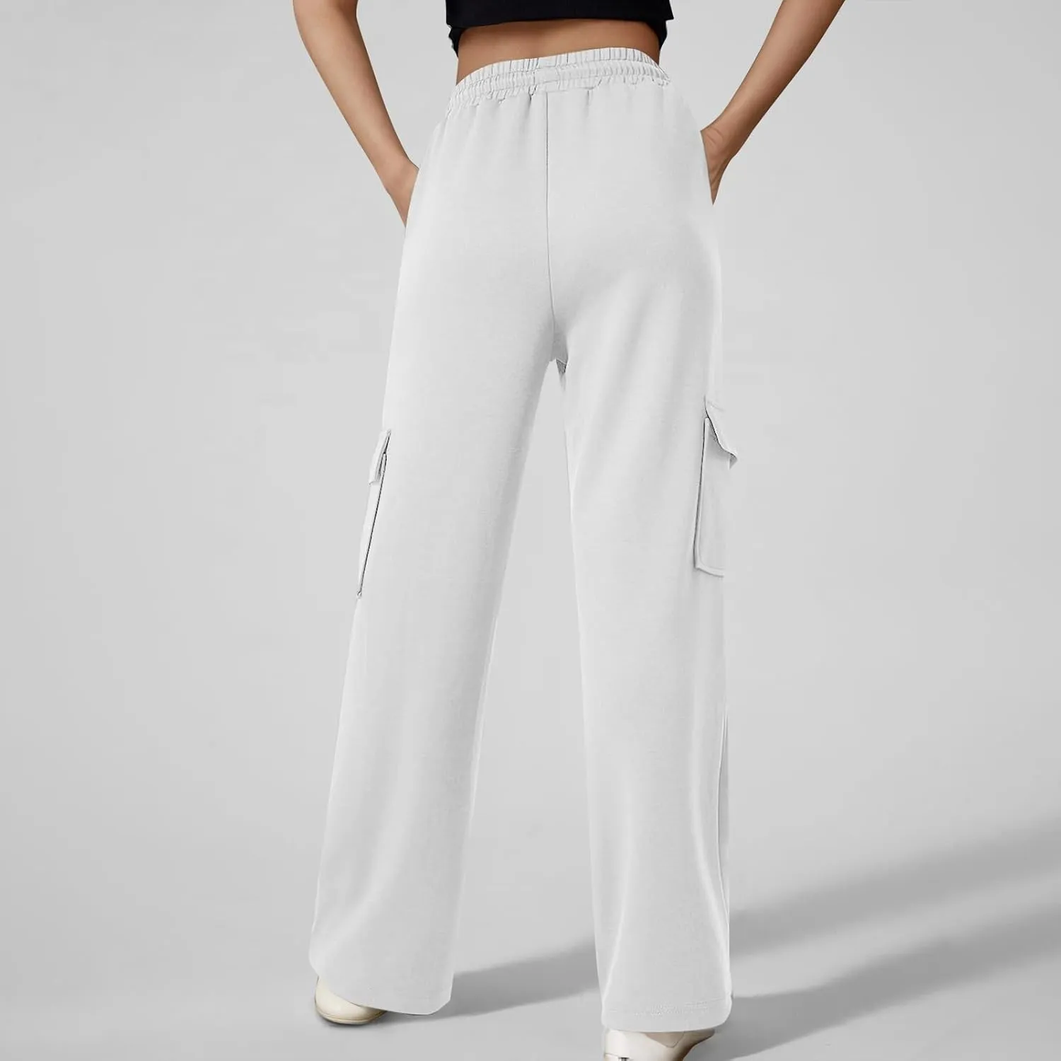 ADHOWBEW Cargo Sweatpants for Women Casual Trendy High Waist Relaxed Fit Wide Leg Drawstring Flare Sweatpants
