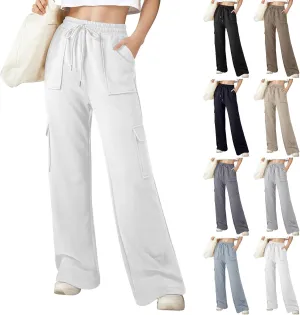 ADHOWBEW Cargo Sweatpants for Women Casual Trendy High Waist Relaxed Fit Wide Leg Drawstring Flare Sweatpants