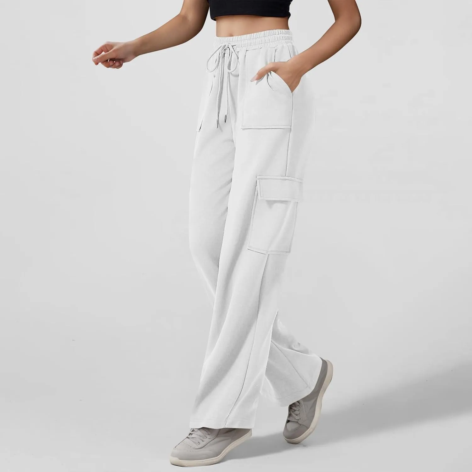 ADHOWBEW Cargo Sweatpants for Women Casual Trendy High Waist Relaxed Fit Wide Leg Drawstring Flare Sweatpants
