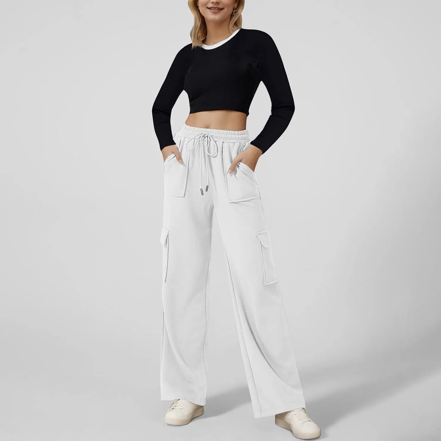 ADHOWBEW Cargo Sweatpants for Women Casual Trendy High Waist Relaxed Fit Wide Leg Drawstring Flare Sweatpants