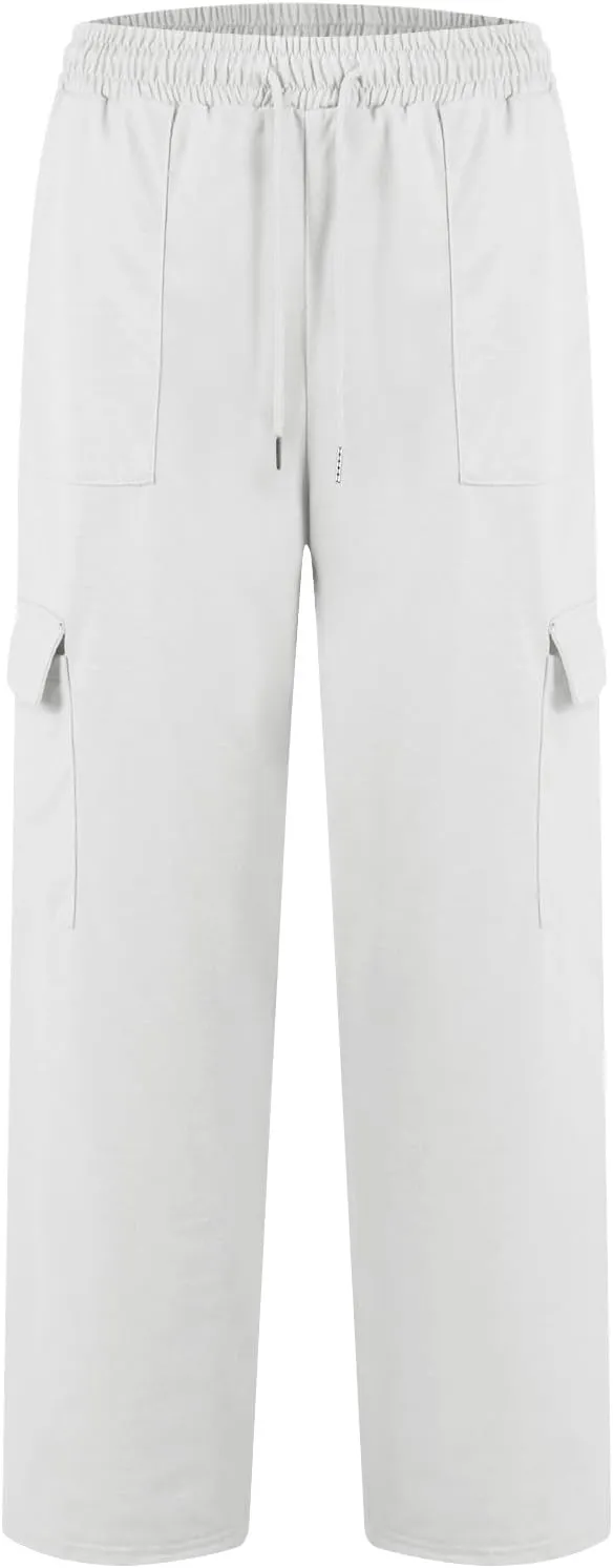 ADHOWBEW Cargo Sweatpants for Women Casual Trendy High Waist Relaxed Fit Wide Leg Drawstring Flare Sweatpants