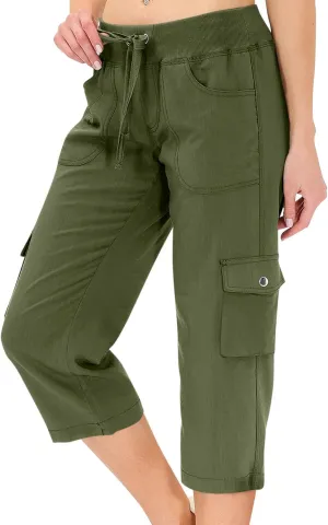 ADHOWBEW Women's Cargo Pants with Pockets Summer Baggy Casual Elastic Waist Lightweight Capri Pants Joggers