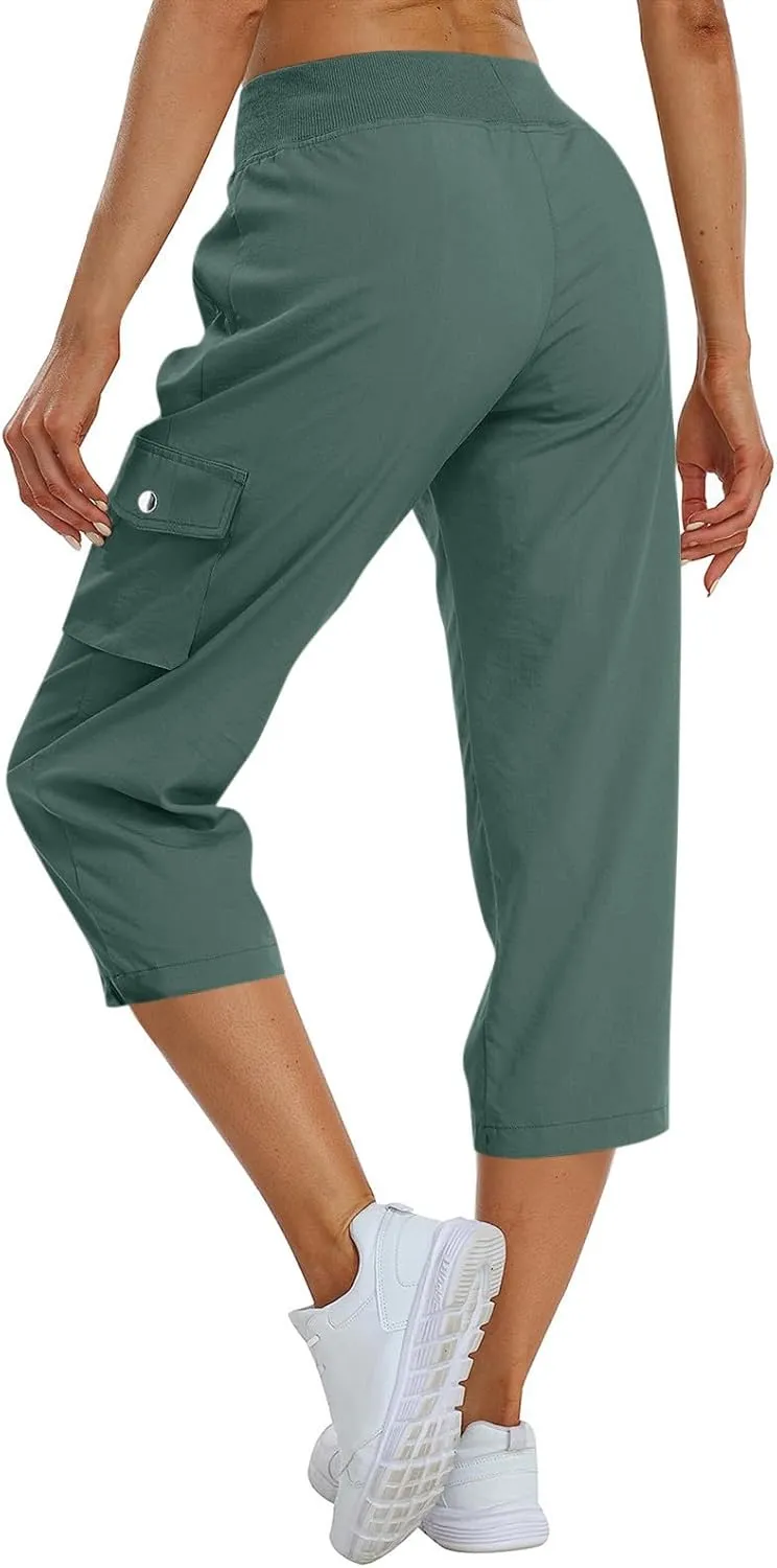 ADHOWBEW Women's Cargo Pants with Pockets Summer Baggy Casual Elastic Waist Lightweight Capri Pants Joggers