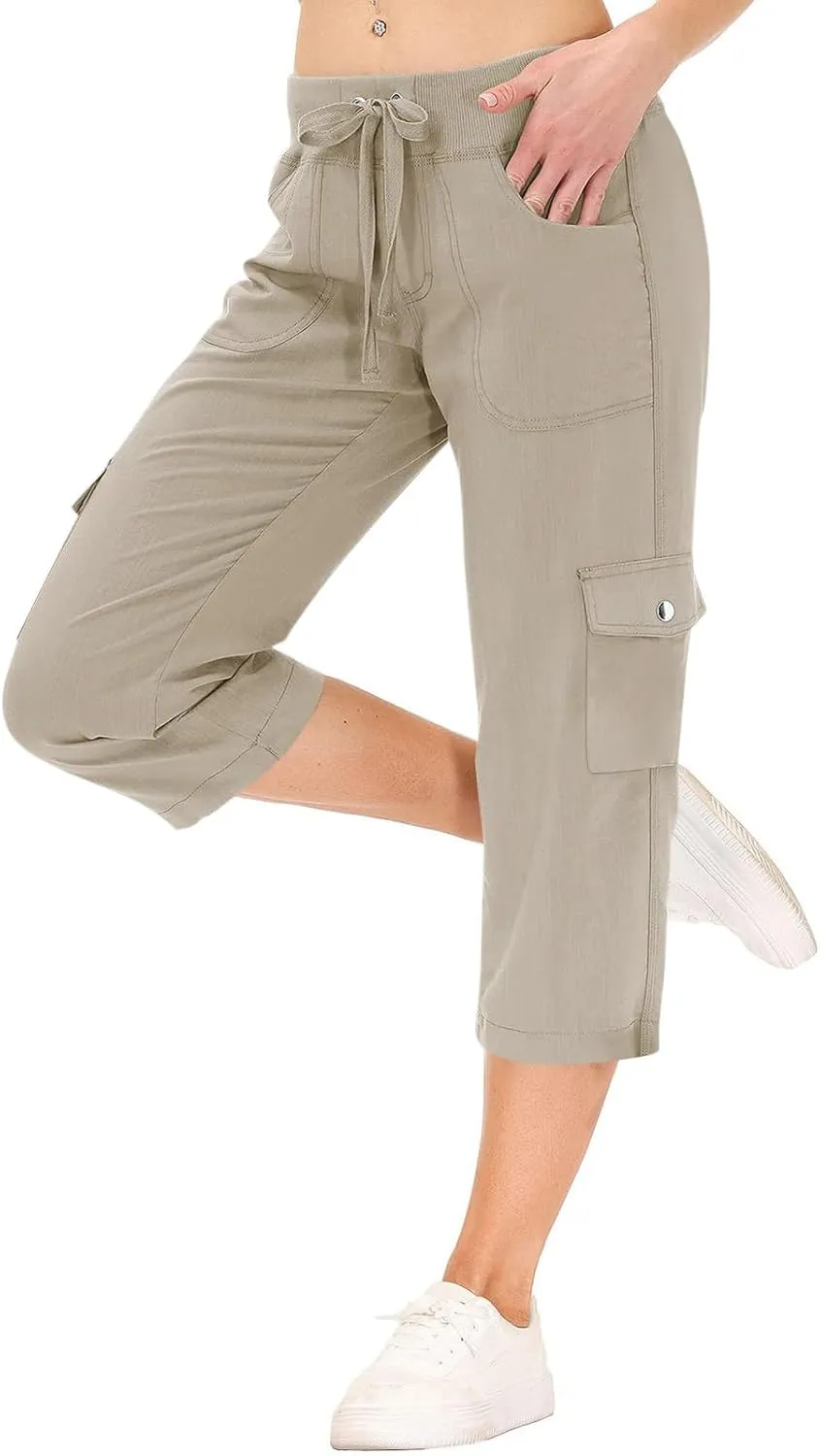 ADHOWBEW Women's Cargo Pants with Pockets Summer Baggy Casual Elastic Waist Lightweight Capri Pants Joggers