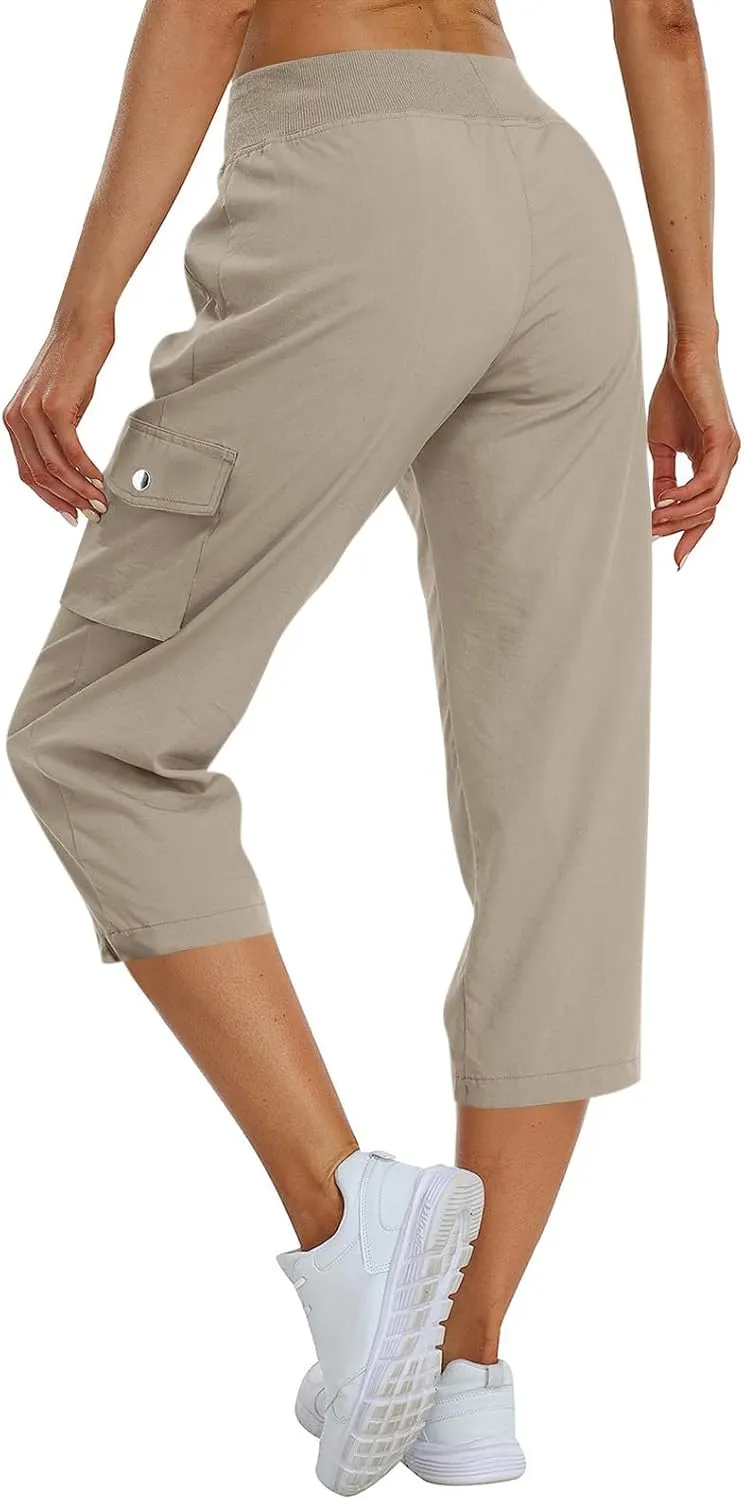 ADHOWBEW Women's Cargo Pants with Pockets Summer Baggy Casual Elastic Waist Lightweight Capri Pants Joggers