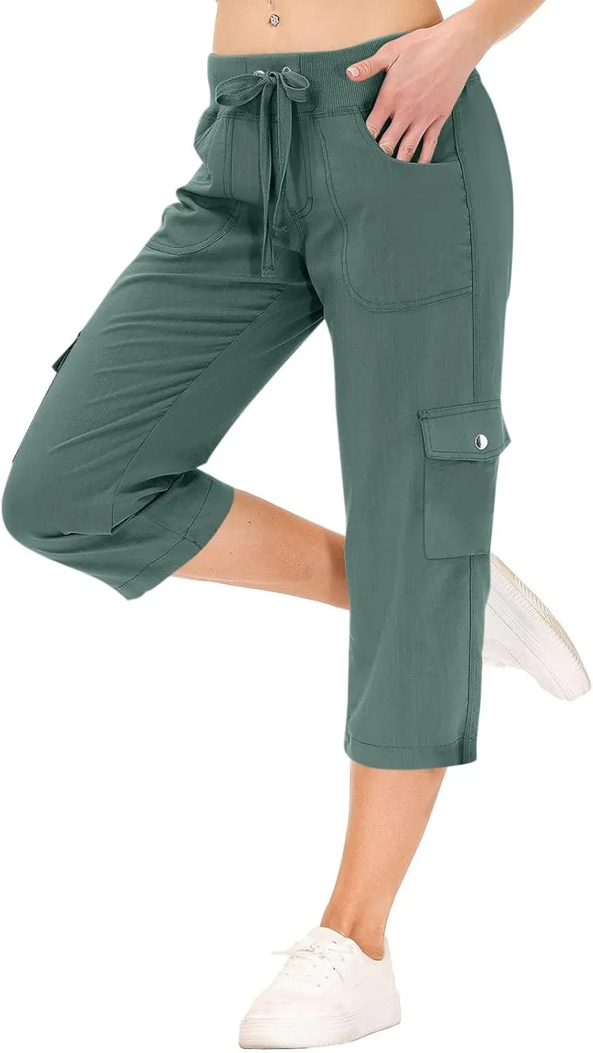 ADHOWBEW Women's Cargo Pants with Pockets Summer Baggy Casual Elastic Waist Lightweight Capri Pants Joggers