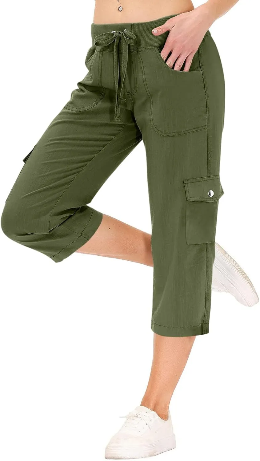 ADHOWBEW Women's Cargo Pants with Pockets Summer Baggy Casual Elastic Waist Lightweight Capri Pants Joggers