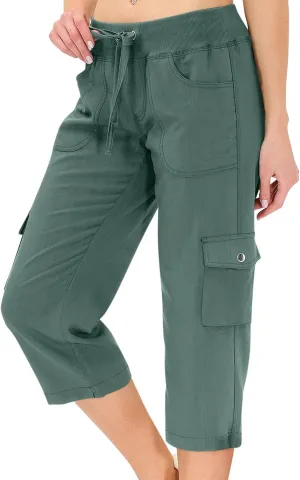 ADHOWBEW Women's Cargo Pants with Pockets Summer Baggy Casual Elastic Waist Lightweight Capri Pants Joggers