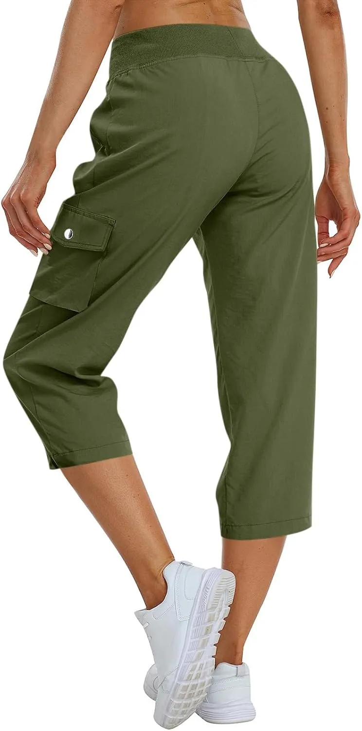 ADHOWBEW Women's Cargo Pants with Pockets Summer Baggy Casual Elastic Waist Lightweight Capri Pants Joggers