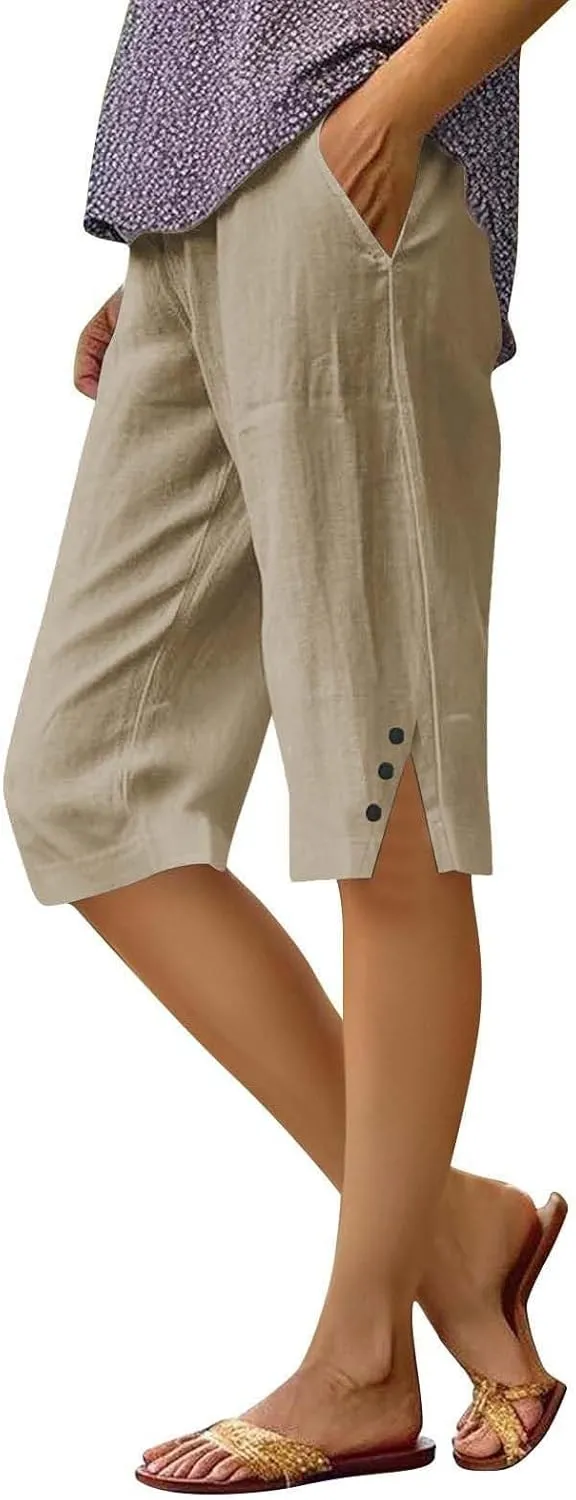 Bermuda Shorts for Women Knee Length Casual Summer Linen Capri Pants Lightweight Beach Vacation Pant with Pockets
