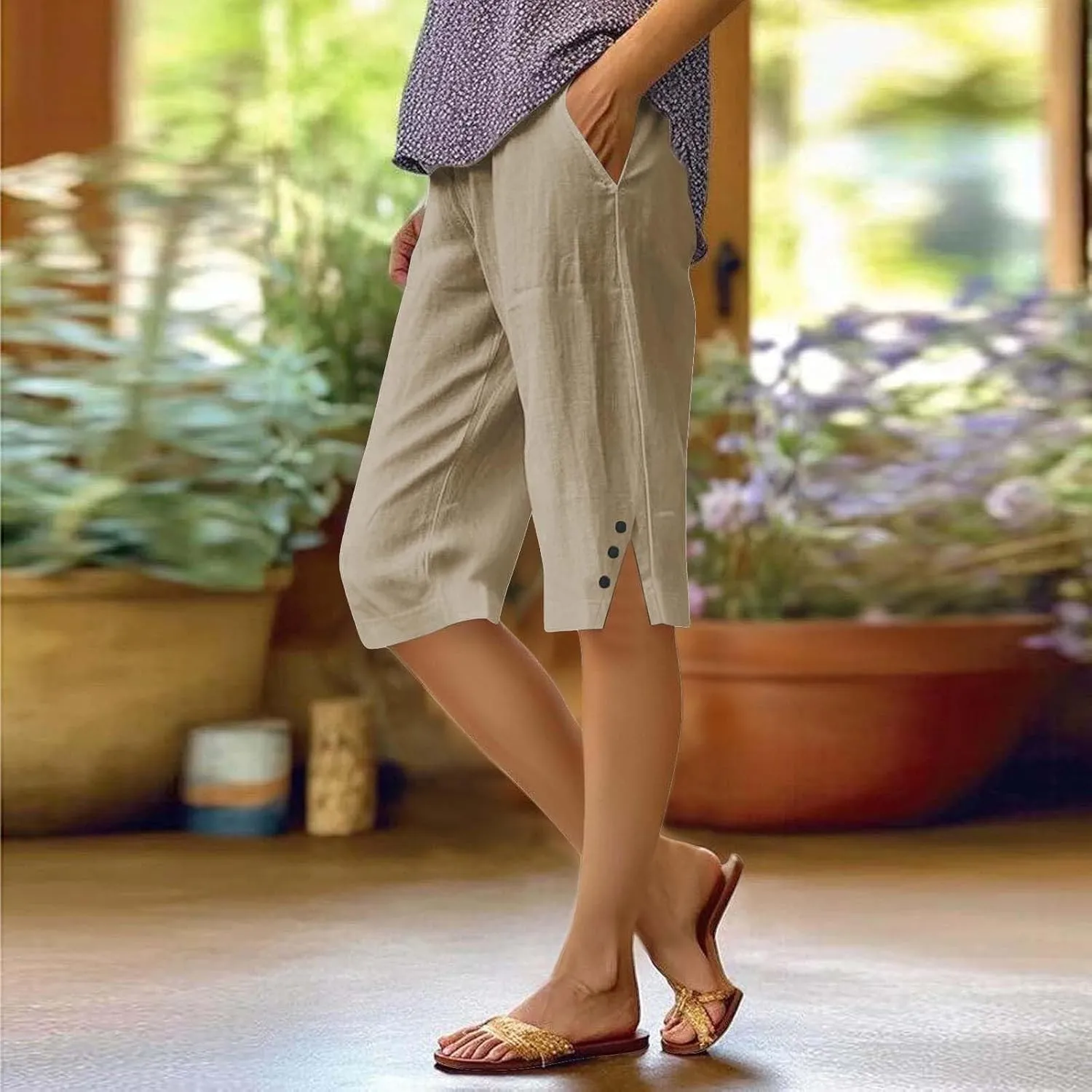 Bermuda Shorts for Women Knee Length Casual Summer Linen Capri Pants Lightweight Beach Vacation Pant with Pockets