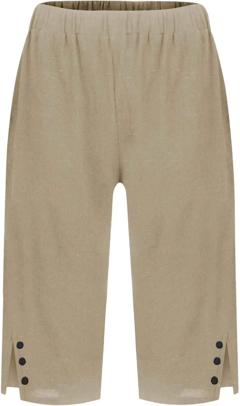 Bermuda Shorts for Women Knee Length Casual Summer Linen Capri Pants Lightweight Beach Vacation Pant with Pockets