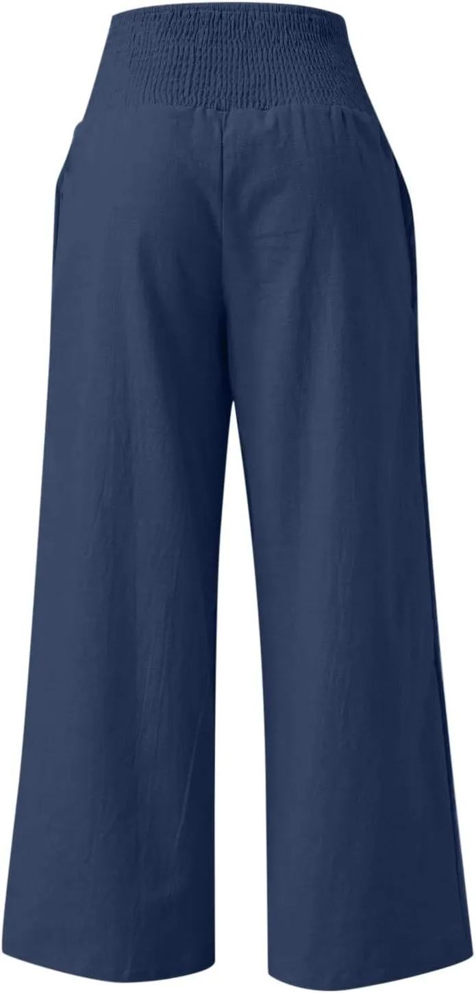 Boho Linen Palazzo Pants for Women Wide Leg Summer Lounge Pant Beach Vacation Casual Elastic High Waisted Trousers