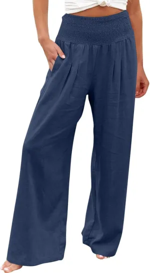 Boho Linen Palazzo Pants for Women Wide Leg Summer Lounge Pant Beach Vacation Casual Elastic High Waisted Trousers