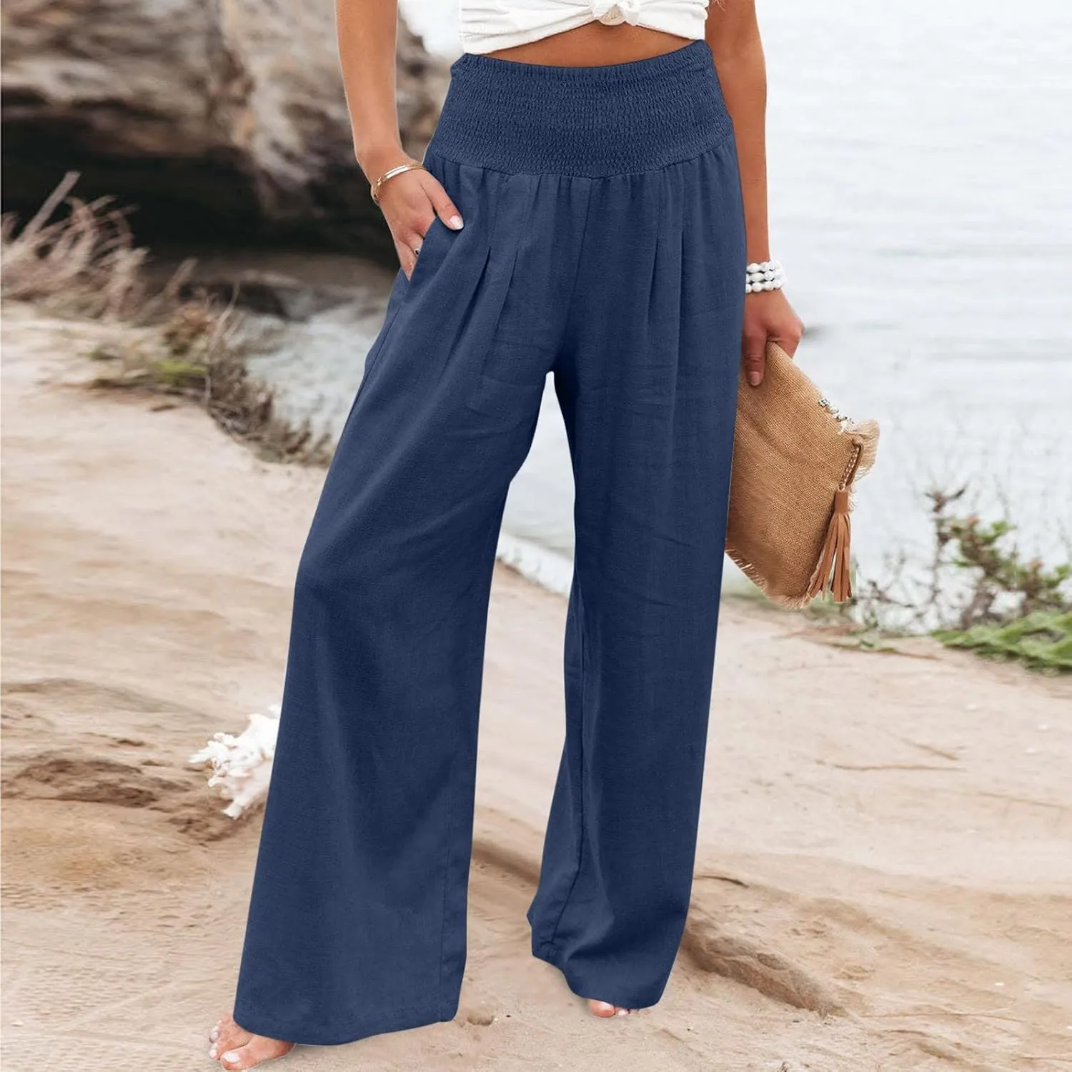 Boho Linen Palazzo Pants for Women Wide Leg Summer Lounge Pant Beach Vacation Casual Elastic High Waisted Trousers