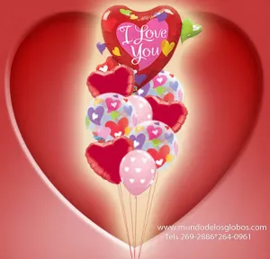 Bouquet de Corazon Gigante I Love You con Burbujas de Corazones, Corazones Rojos y Globos Rosa con Corazoncitos Blancos