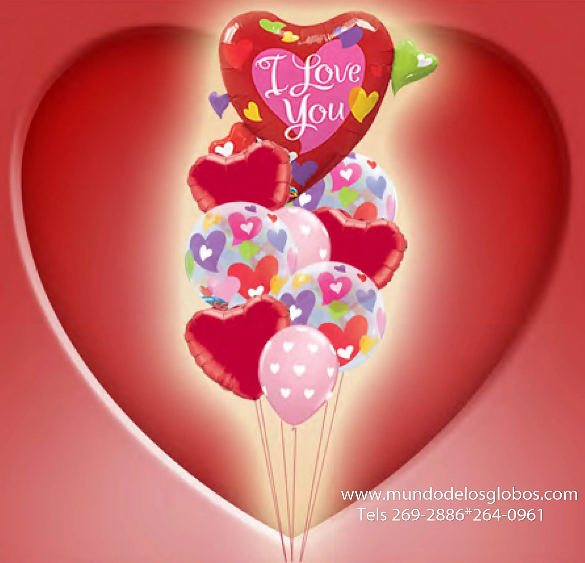 Bouquet de Corazon Gigante I Love You con Burbujas de Corazones, Corazones Rojos y Globos Rosa con Corazoncitos Blancos