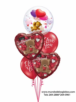 Bouquet de Corazones Con Ositos To My Girlfriend, Globos Rojos I Love You y Burbuja con Osito y Corazoncitos