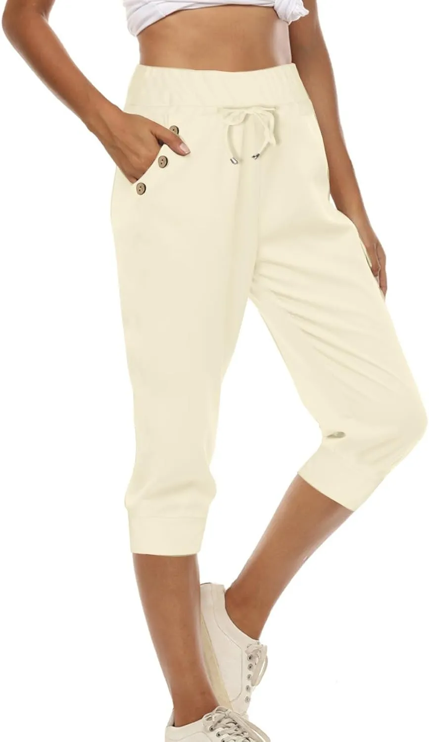 Capris Pant for Women High Waist Drawstring Stretch Jogger Soft Lightweight Yoga Hiking Pant with Pockets