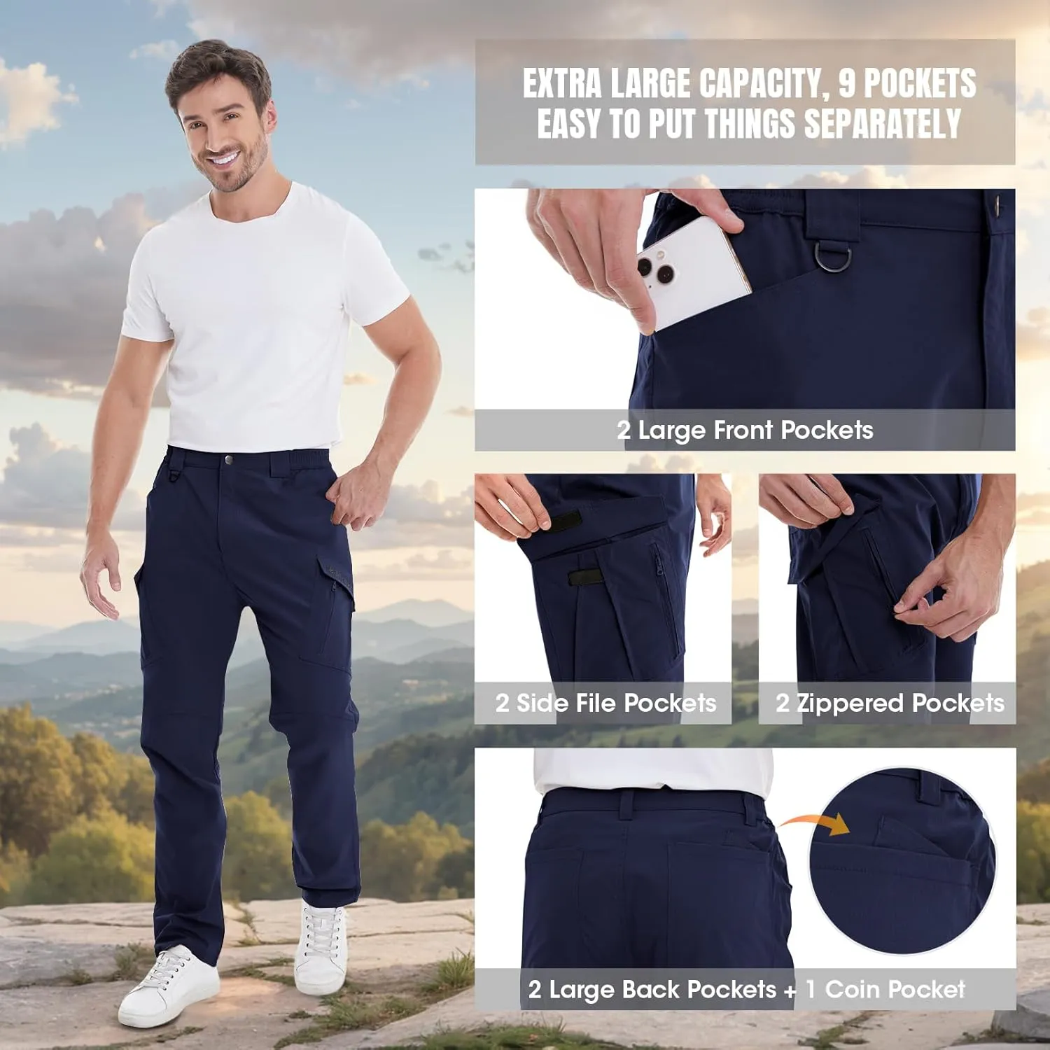 Cargo Pants Mens with 9 Pockets - High Waist Water-Resistant Tactical Pants for Hiking, Sports, and Casual Wear