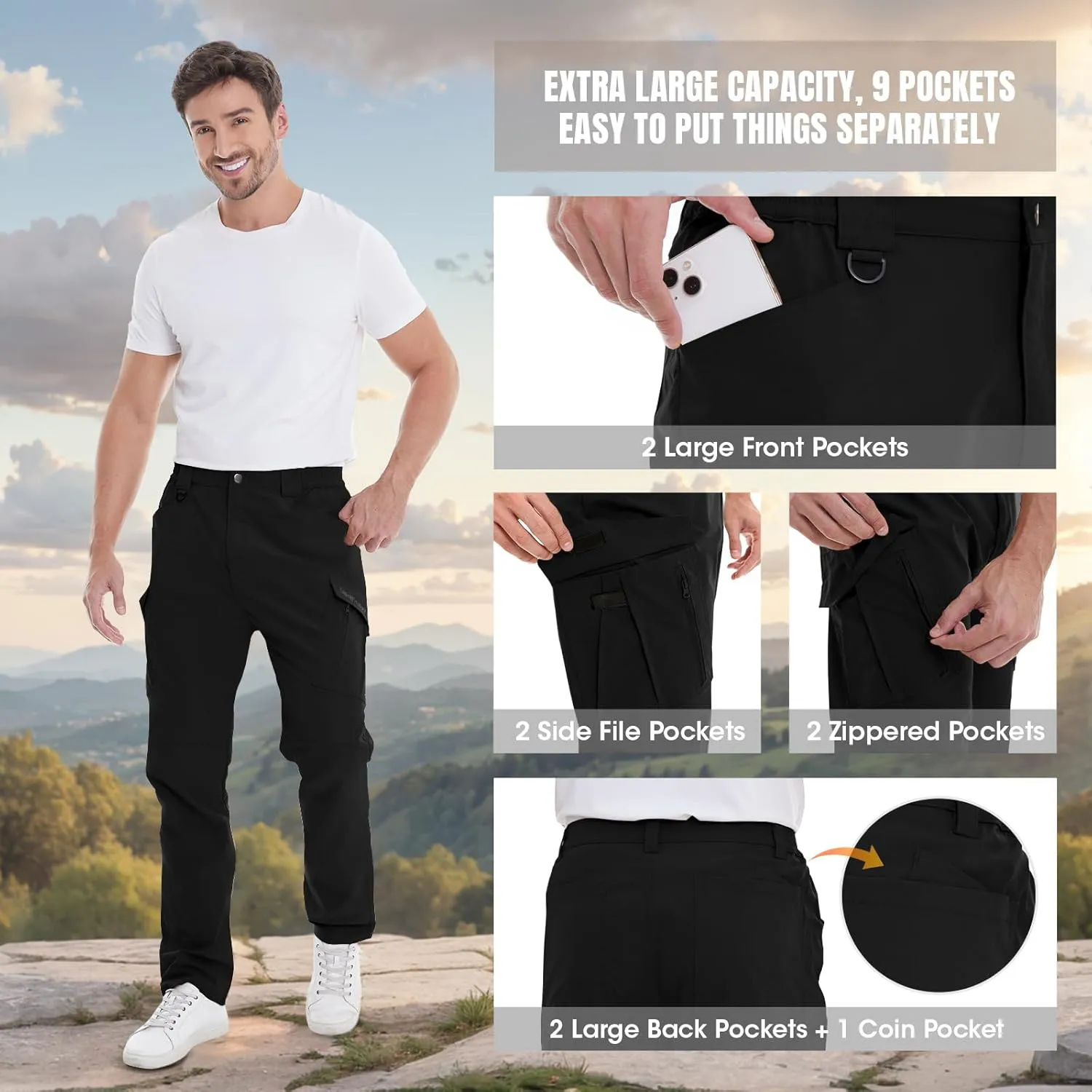 Cargo Pants Mens with 9 Pockets - High Waist Water-Resistant Tactical Pants for Hiking, Sports, and Casual Wear