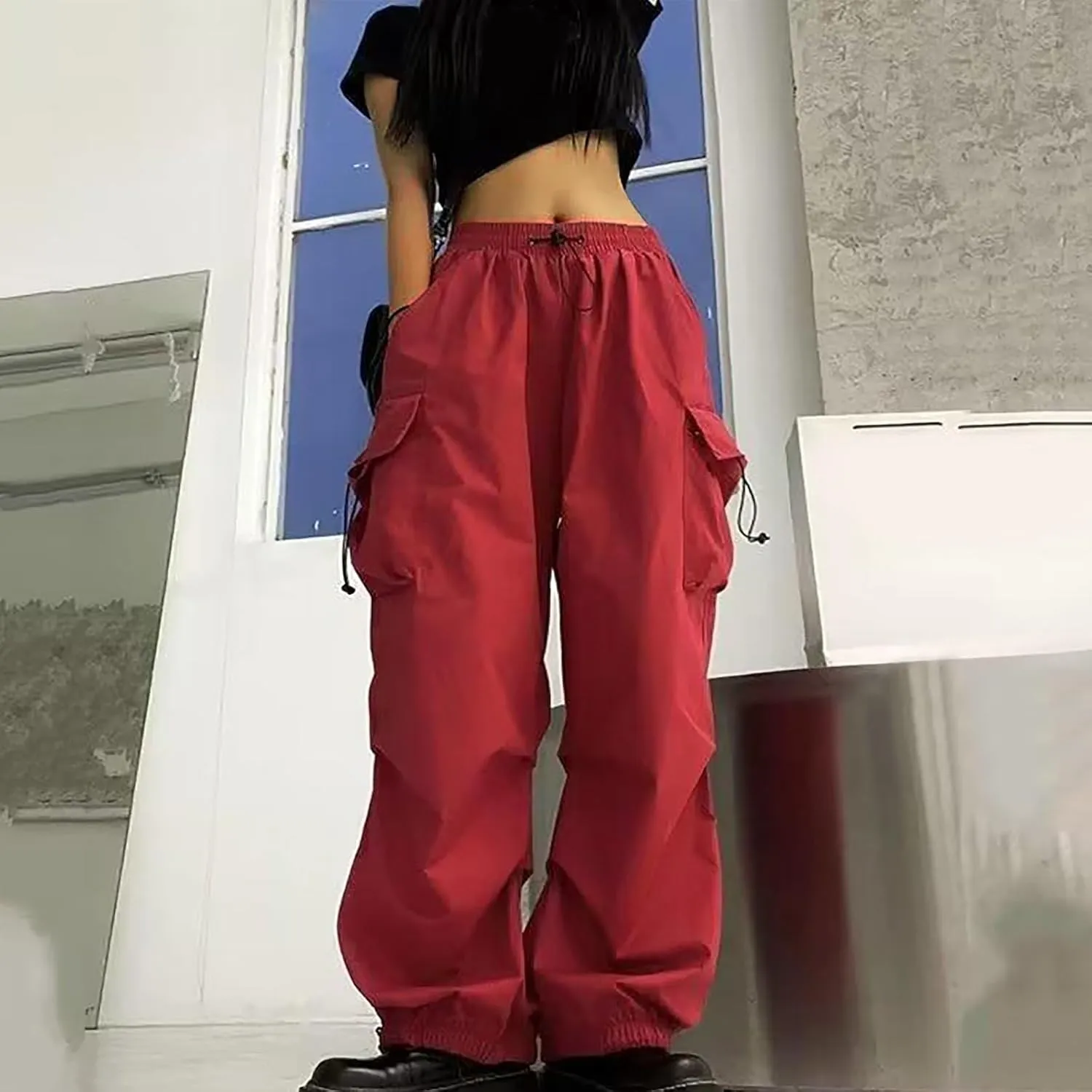 Cargo Pants Women High Waist Baggy Casual Solid Parachute Trousers Summer Loose Fit Y2K Streetwear with Multi Pockets