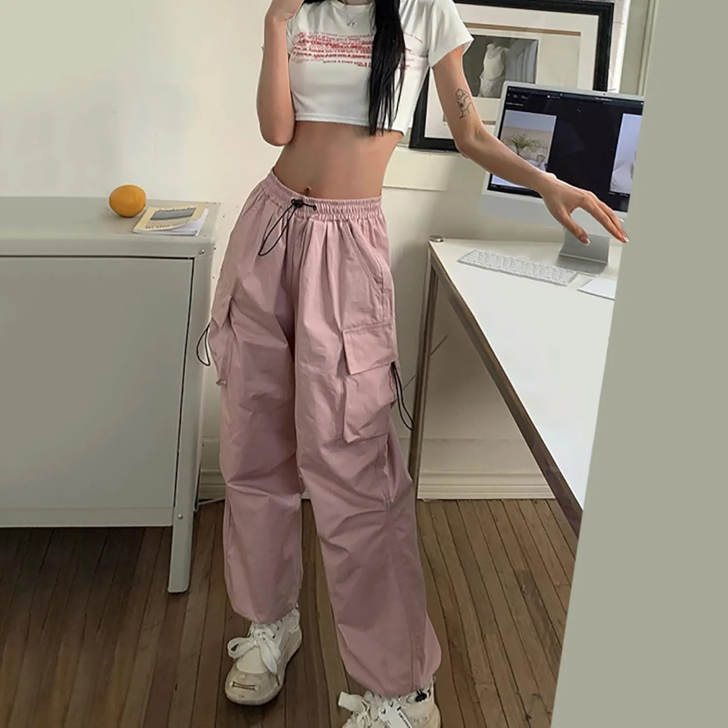 Cargo Pants Women High Waist Baggy Casual Solid Parachute Trousers Summer Loose Fit Y2K Streetwear with Multi Pockets