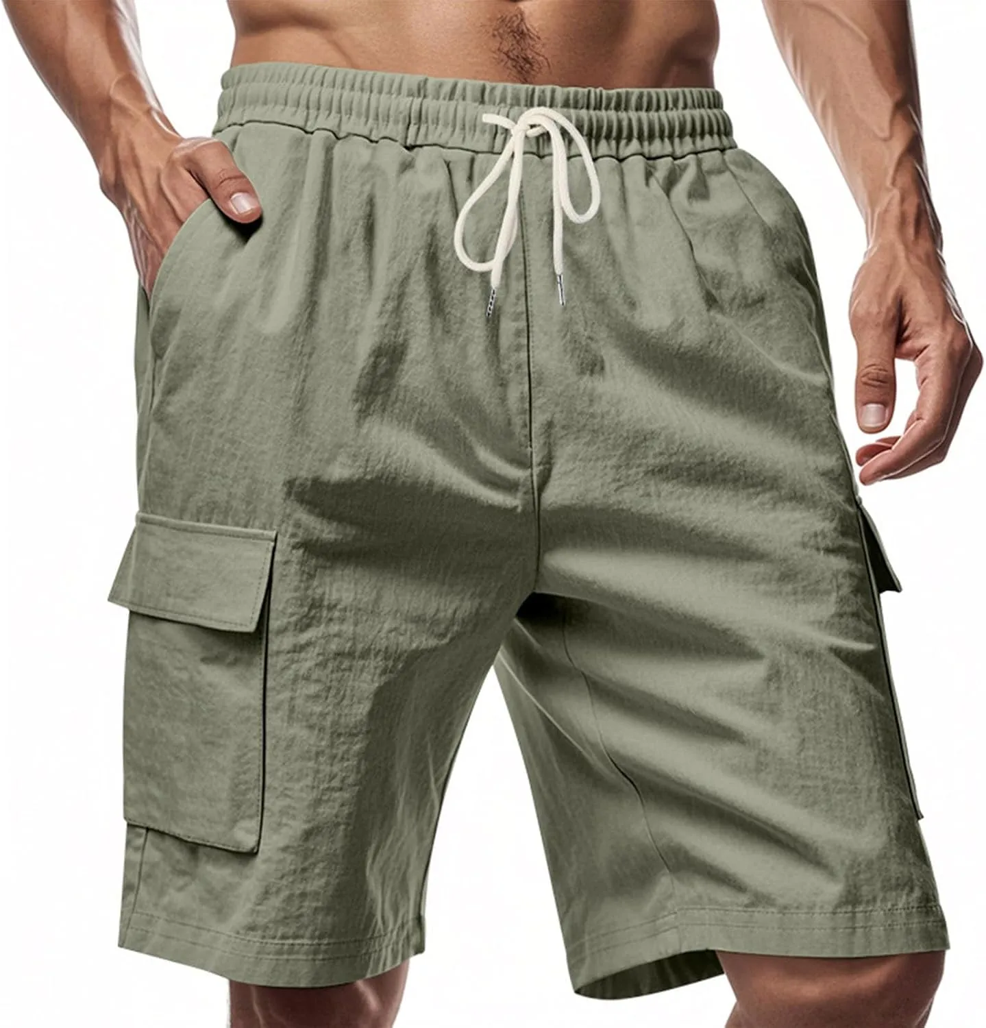 Cargo Shorts for Men Summer Casual Elastic Waist Knee Length Lightweight Beemuda Beach Linen Shorts Multi Pockets