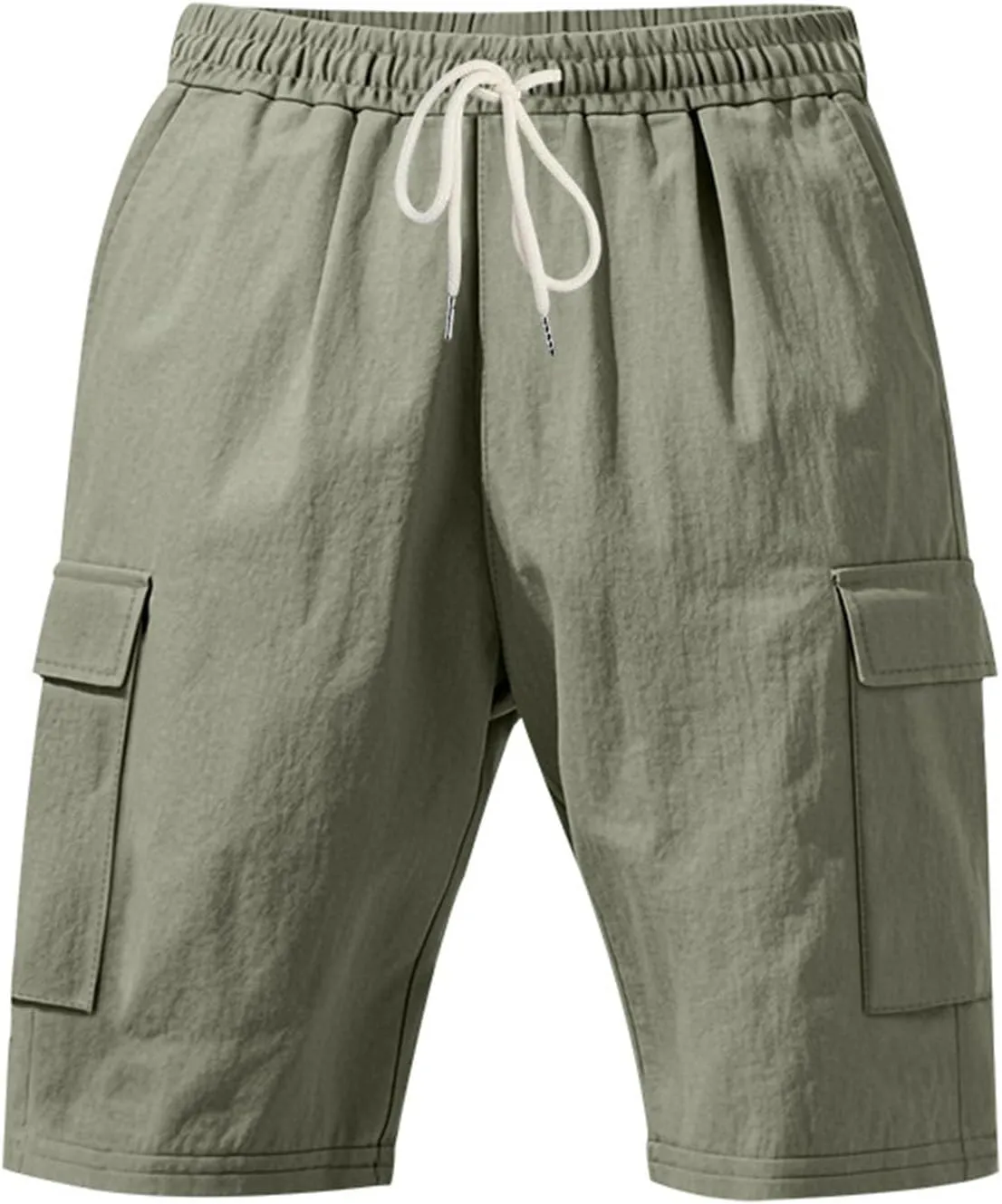 Cargo Shorts for Men Summer Casual Elastic Waist Knee Length Lightweight Beemuda Beach Linen Shorts Multi Pockets