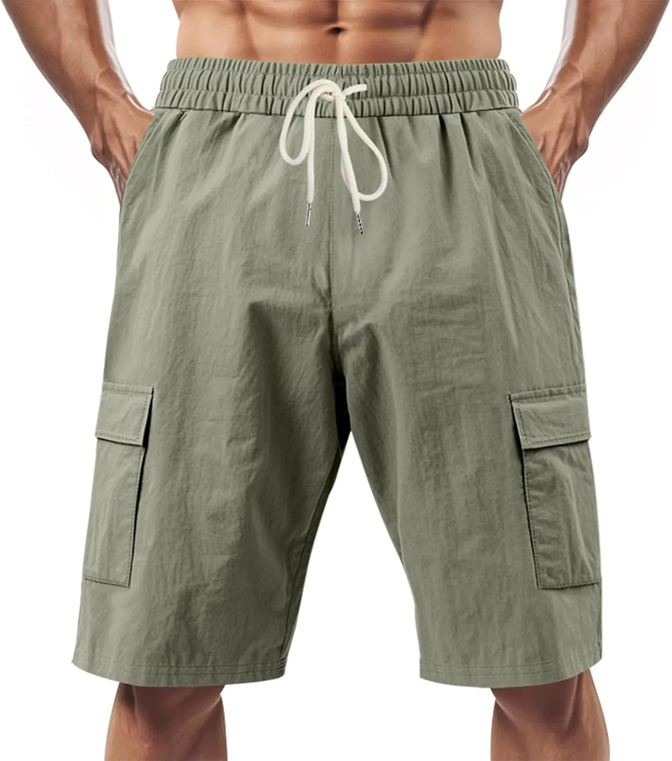 Cargo Shorts for Men Summer Casual Elastic Waist Knee Length Lightweight Beemuda Beach Linen Shorts Multi Pockets