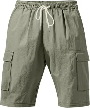 Cargo Shorts for Men Summer Casual Elastic Waist Knee Length Lightweight Beemuda Beach Linen Shorts Multi Pockets