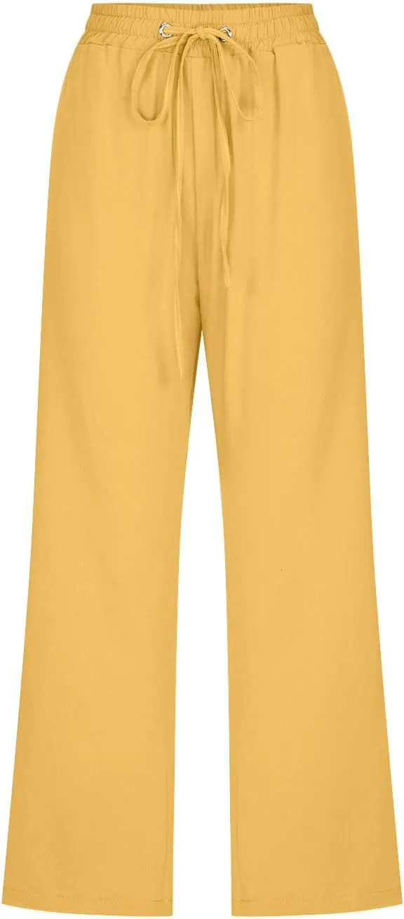 Cbcbtwo Capris Linen Pants for Women Casual Summer Straight Wide Leg Pant Loose Drawstring Elastic Waist Cropped Trouser