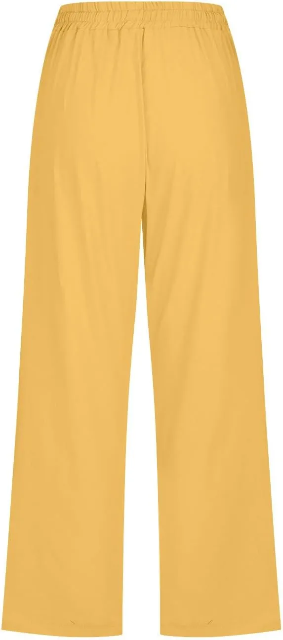 Cbcbtwo Capris Linen Pants for Women Casual Summer Straight Wide Leg Pant Loose Drawstring Elastic Waist Cropped Trouser