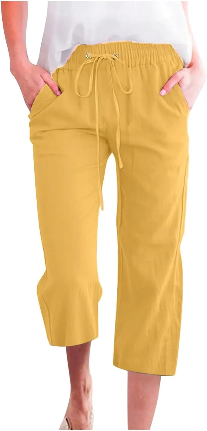 Cbcbtwo Capris Linen Pants for Women Casual Summer Straight Wide Leg Pant Loose Drawstring Elastic Waist Cropped Trouser