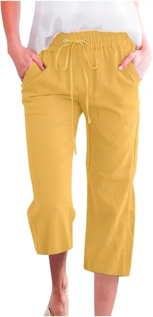 Cbcbtwo Capris Linen Pants for Women Casual Summer Straight Wide Leg Pant Loose Drawstring Elastic Waist Cropped Trouser