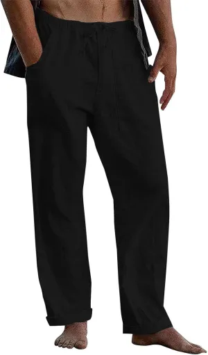 Cdiecer Cotton Linen Pants Men Summer Beach Pants Loose Fit with Elastic Waist Drawstring Pants Lightweight Wide Leg Pant
