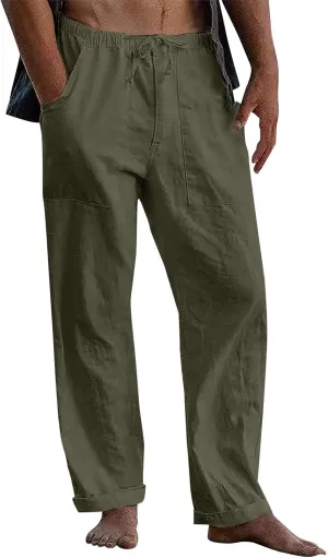Cdiecer Cotton Linen Pants Men Summer Beach Pants Loose Fit with Elastic Waist Drawstring Pants Lightweight Wide Leg Pant