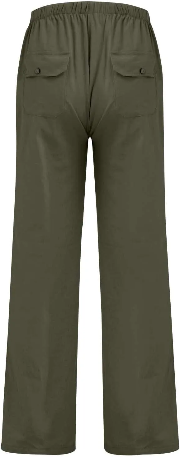 Cdiecer Cotton Linen Pants Men Summer Beach Pants Loose Fit with Elastic Waist Drawstring Pants Lightweight Wide Leg Pant