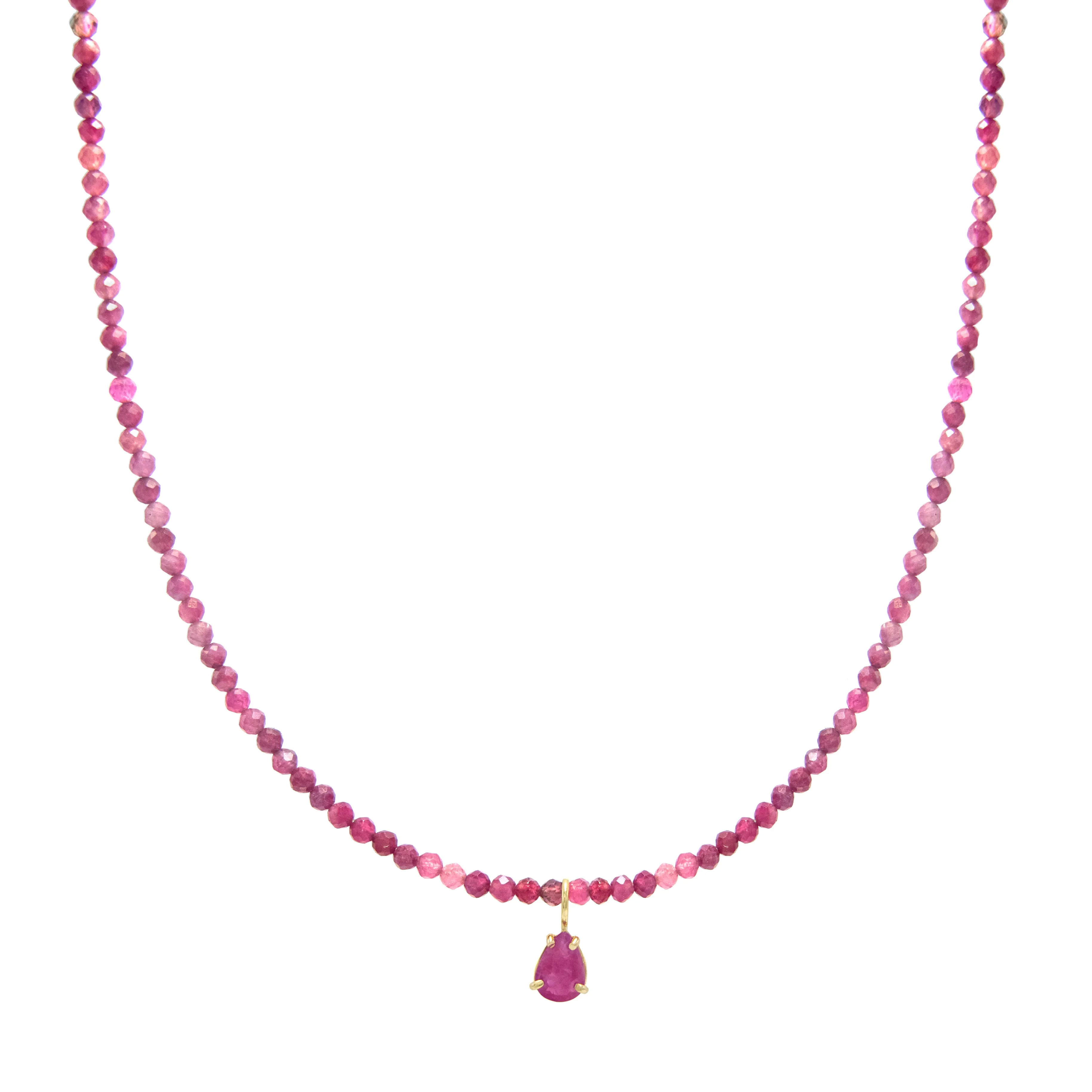 Collar corto dije rubí natural gota y rubies facetados rojo - oro de 14k