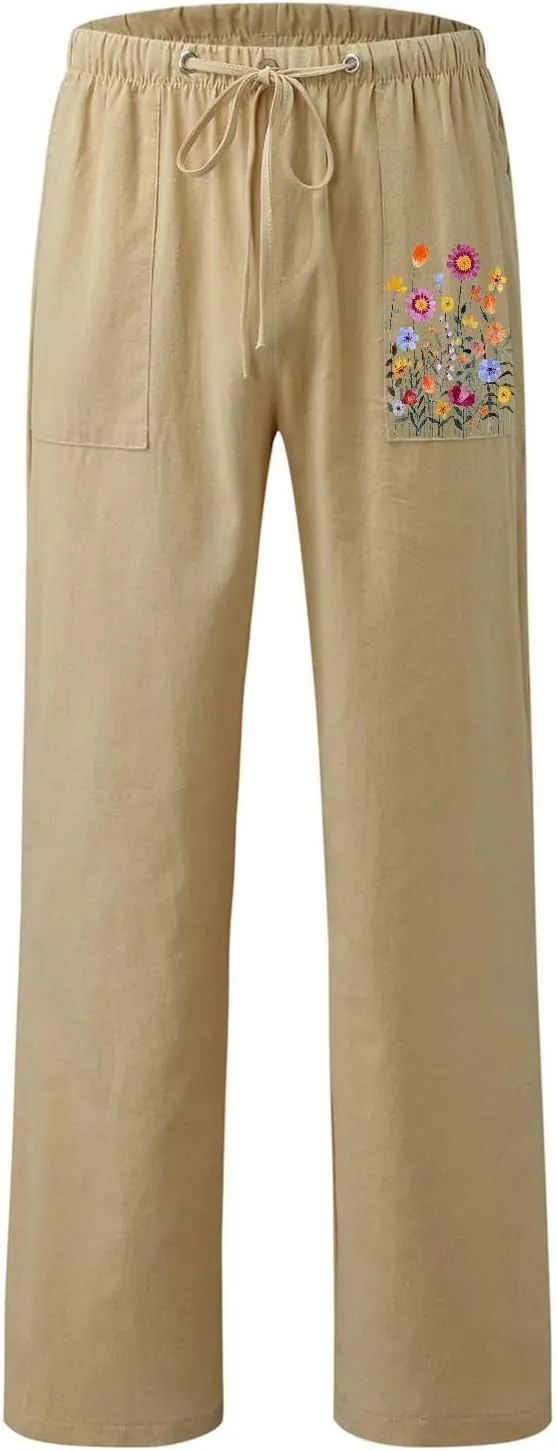 Drawstring Linen Pants Women Pants with Pockets Elastic High Waist Paper Bag Pants Linen Linen Crop Pants for Women