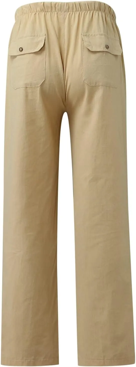 Drawstring Linen Pants Women Pants with Pockets Elastic High Waist Paper Bag Pants Linen Linen Crop Pants for Women