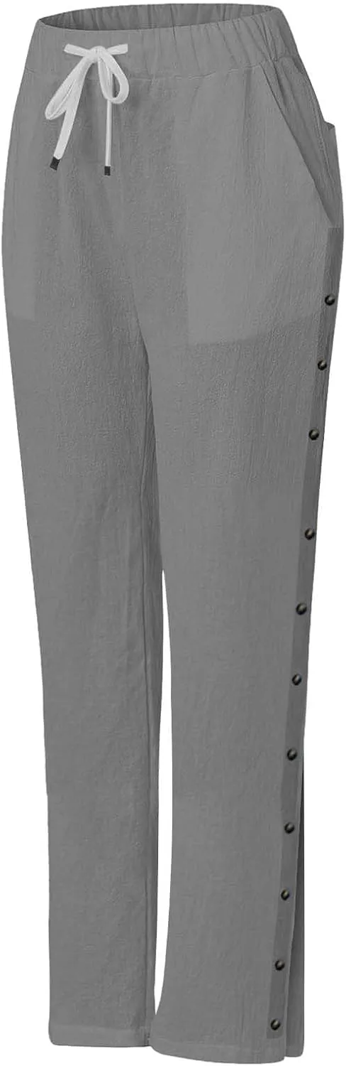 Elastic Waist Pants for Women Solid Color Functional Side Snaps Button Detail Loose Fit Casual Lounge Palazzo Pants