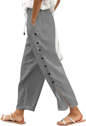 Elastic Waist Pants for Women Solid Color Functional Side Snaps Button Detail Loose Fit Casual Lounge Palazzo Pants