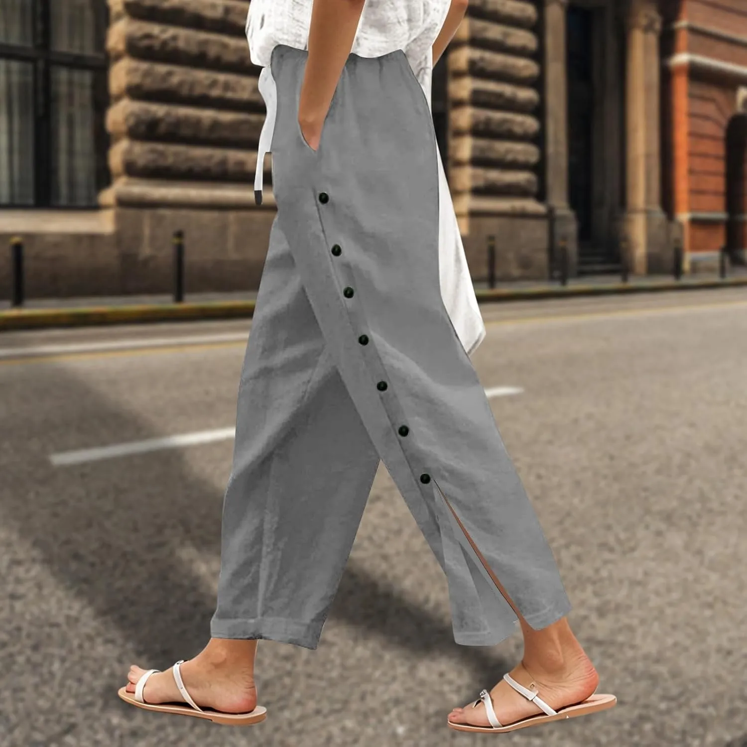 Elastic Waist Pants for Women Solid Color Functional Side Snaps Button Detail Loose Fit Casual Lounge Palazzo Pants