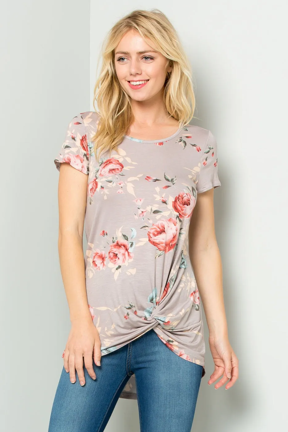 Floral side knot high-low hem top